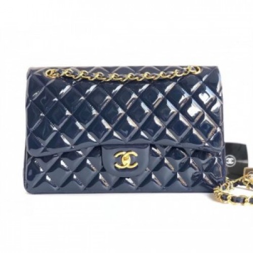 Chanel Classic jumbo Flap Bag 1113 navy blue in patent leather with silver Hardware AQ01996