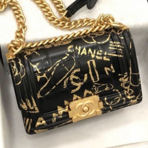 Chanel Crocodile Embossed Graffiti Leather Small Boy Flap Bag A67085 Black 2019 Collection AQ01182