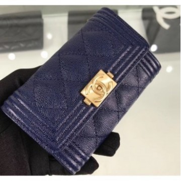 Chanel Grained Calfskin Boy Flap Card Holder A80603 Navy Blue/Gold AQ01551 Chanel Grained Calfskin Boy Flap Card Holder A80603 Navy Blue/Gold AQ01551