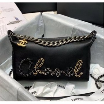 Chanel Calfskin & Chain Logo Bowling Shoulder Bag Black 2020 Collection AQ03955 Chanel Calfskin & Chain Logo Bowling Shoulder Bag Black 2020 Collection AQ03955