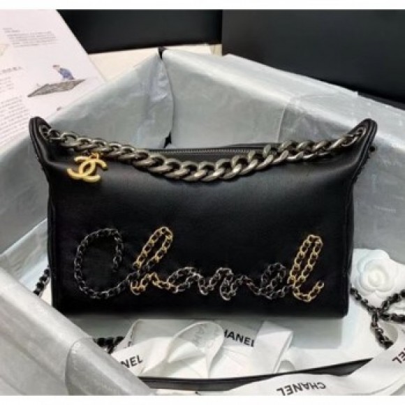 Chanel Calfskin & Chain Logo Bowling Shoulder Bag Black 2020 Collection AQ03955 Chanel Calfskin & Chain Logo Bowling Shoulder Bag Black 2020 Collection AQ03955