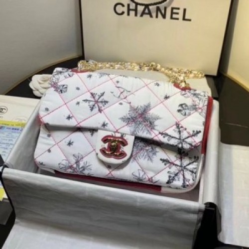Chanel Quilted Fabric Snowflake Print Medium Flap Bag White 2020 Collection AQ02621 Chanel Quilted Fabric Snowflake Print Medium Flap Bag White 2020 Collection AQ02621