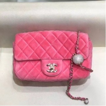 Chanel Quilted Velvet Flap Bag with Crystal Ball AS1787 Pink 2020 Collection AQ01485 Chanel Quilted Velvet Flap Bag with Crystal Ball AS1787 Pink 2020 Collection AQ01485
