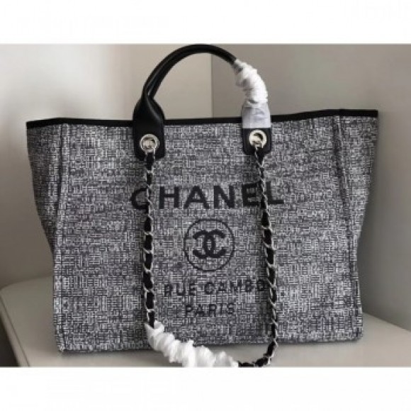 Chanel Golden Silk Thread Deauville Canvas Shopping Bag Black AQ02024 Chanel Golden Silk Thread Deauville Canvas Shopping Bag Black AQ02024
