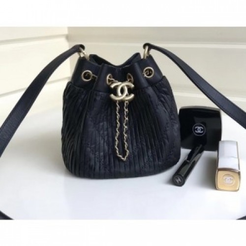 Chanel Crumpled Calfskin Coco Pleats Mini Drawstring Bag A91757 Black 2018 AQ04276