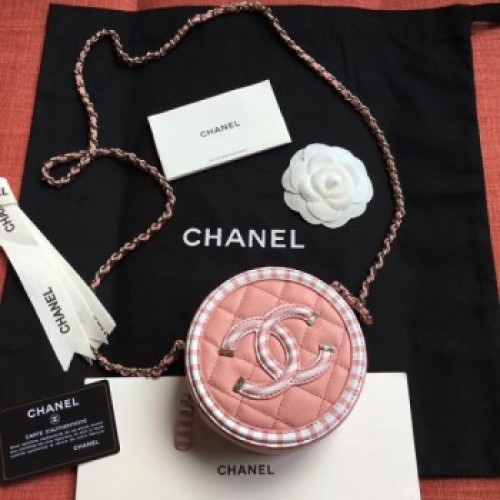 Chanel Striped Grained Calfskin CC Filigree Round Clutch With Chain Bag AP0365 Pink 2019 AQ03540