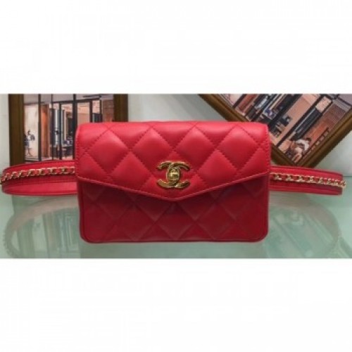 Chanel Vintage Chain Belt Quilted Fanny Pack Waist Flap Bag Lambskin Red AQ01648 Chanel Vintage Chain Belt Quilted Fanny Pack Waist Flap Bag Lambskin Red AQ01648