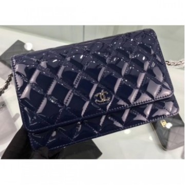Chanel Wallet On Chain WOC Bag in Patent Leather Navy Blue/Silver AQ02623