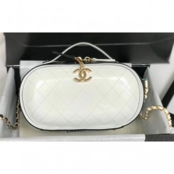 Chanel Calfskin Quilted Color Patchwork Oval Tote Bag White/Black 2019 AQ03570 Chanel Calfskin Quilted Color Patchwork Oval Tote Bag White/Black 2019 AQ03570