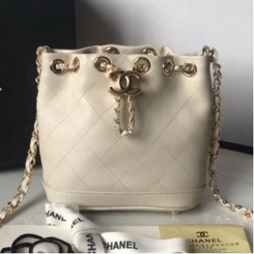 Chanel Quilted Leather Chain Drawstring Mini Bucket Bag White 2019 Collection AQ02589 Chanel Quilted Leather Chain Drawstring Mini Bucket Bag White 2019 Collection AQ02589