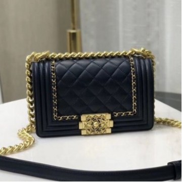 Chanel Quilted Calfskin Chain Small Boy Flap Bag A67085 Navy Blue 2019 Collection AQ03657