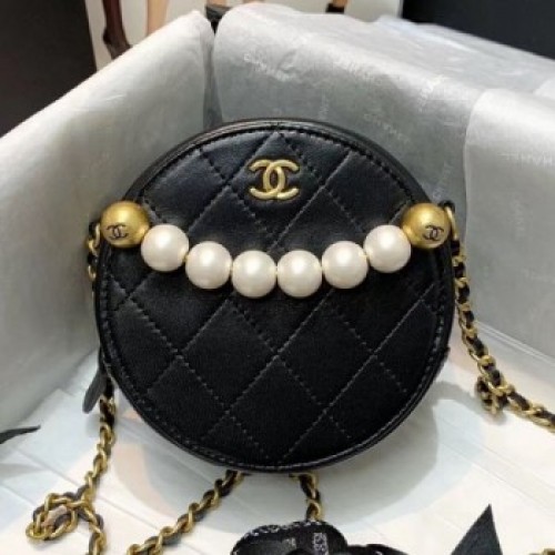 Chanel Quilted Leather Pearl Round Clutch with Chain Black 2019 Collection AQ03179
