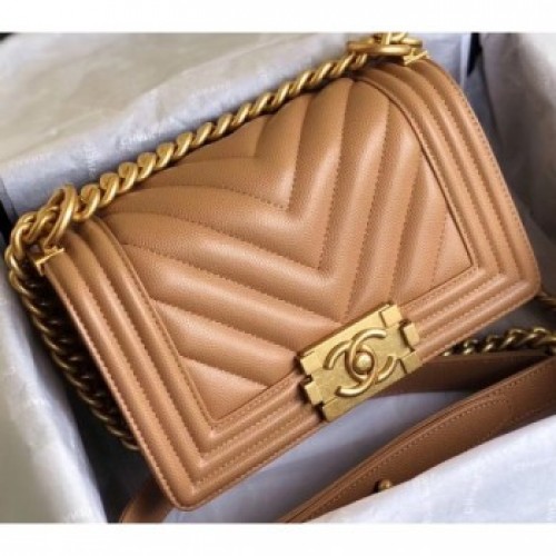 Chanel Caviar Leather Chevron Boy Flap Small Bag Caramel/Gold AQ03034