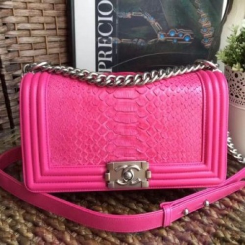 Chanel Medium Python Leather Le Boy Flap Bag Rosy (Silver Hardware) Collection AQ03340 Chanel Medium Python Leather Le Boy Flap Bag Rosy (Silver Hardware) Collection AQ03340