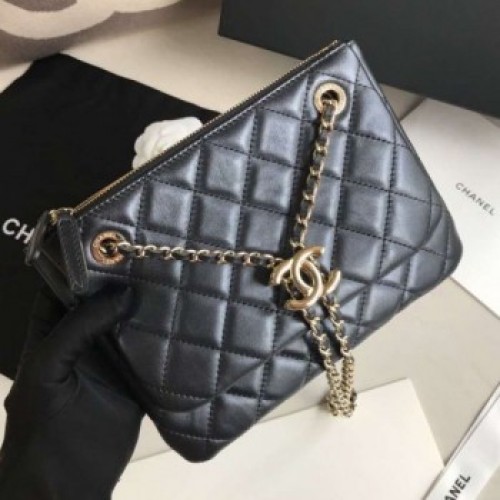 Chanel Quilted Shiny Lambskin Double Clutch with Chain AP1073 Black 2019 Collection AQ02330
