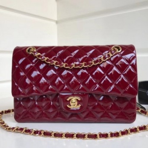Chanel Patent Calfskin Medium Classic Flap Bag A1112 BurgundyGold Hardware Collection AQ03431