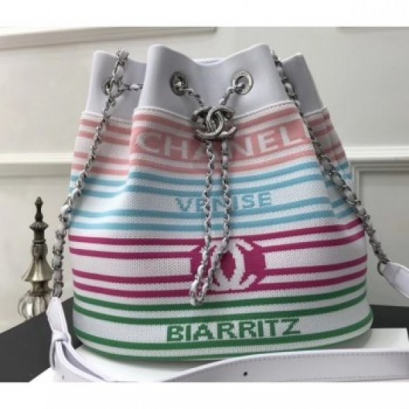 Chanel Venise Biarritz Mixed Fibers Drawstring Bag AS0464 White/Multicolor 2019 AQ02779 Chanel Venise Biarritz Mixed Fibers Drawstring Bag AS0464 White/Multicolor 2019 AQ02779