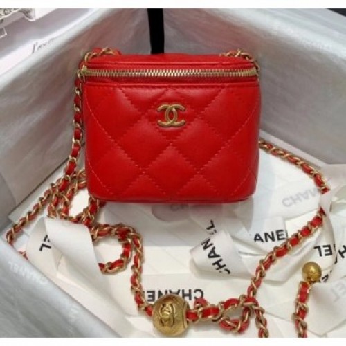Chanel Lambskin Small Classic Box with Chain And Gold Metal Ball AP1447 Red 2020 Collection AQ01715