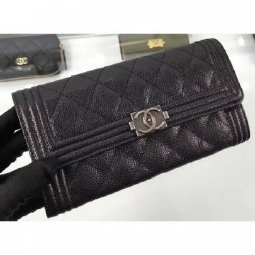 Chanel Grained Calfskin Boy Long Flap Wallet A80286 Black/Silver AQ04208