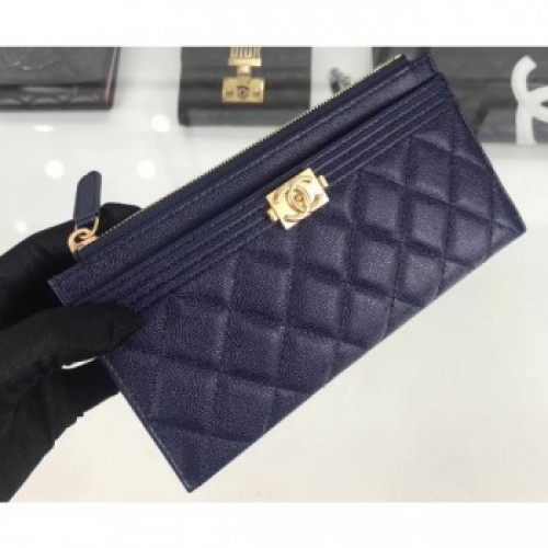 Chanel Caviar Leather Boy Pouch Clutch Bag A84478 Navy Blue AQ01902