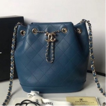 Chanel Quilted Leather Chain Drawstring Small Bucket Bag Blue 2019 Collection AQ02495 Chanel Quilted Leather Chain Drawstring Small Bucket Bag Blue 2019 Collection AQ02495