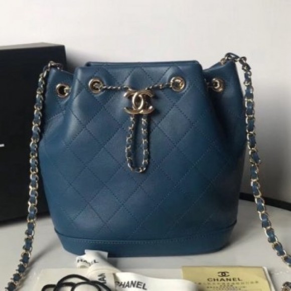 Chanel Quilted Leather Chain Drawstring Small Bucket Bag Blue 2019 Collection AQ02495 Chanel Quilted Leather Chain Drawstring Small Bucket Bag Blue 2019 Collection AQ02495