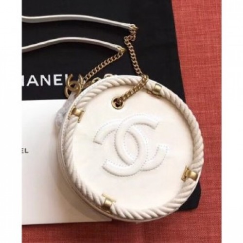 Chanel Crumpled Calfskin/Cotton Small Round Bag AS50075 White 2019 AQ02388 Chanel Crumpled Calfskin/Cotton Small Round Bag AS50075 White 2019 AQ02388