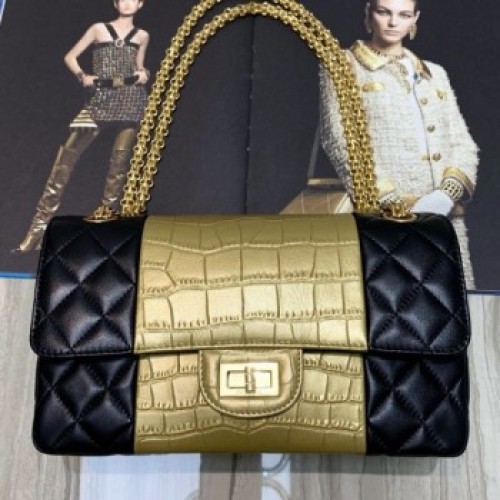Chanel Lambskin and Crocodile Embossed Calfskin Medium 2.55 Flap Bag A37586 Black/Gold 2019 Collection AQ03975
