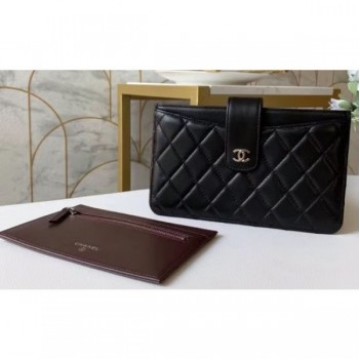 Chanel Classic Pouch Clutch Bag With Card Holder A81902 Lambskin Black/Silver AQ03702