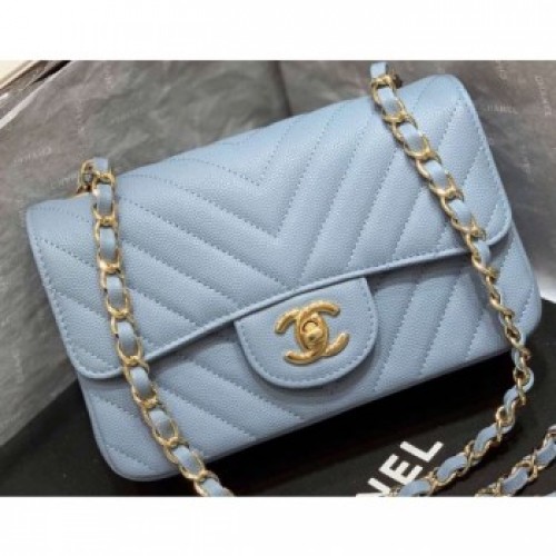 Chanel Original Quality Small Classic Flap Bag 1116 in Caviar Leather Chevron Baby Blue with Gold Hardware AQ03498 Chanel Original Quality Small Classic Flap Bag 1116 in Caviar Leather Chevron Baby Blue with Gold Hardware AQ03498