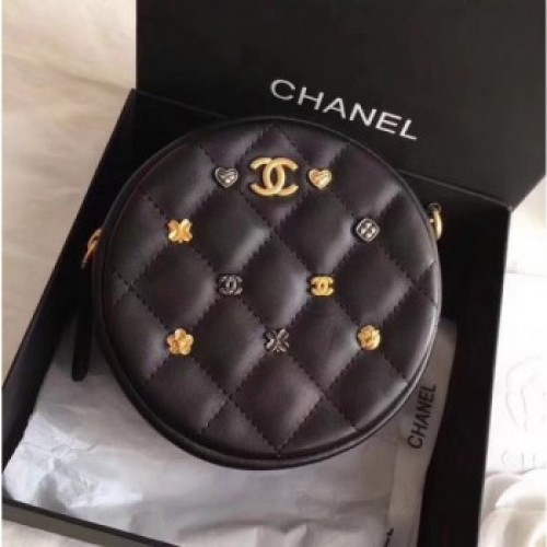 Chanel Lambskin 18k Charms Round Clutch with Chain A81620 Black 2018 Collection AQ03694