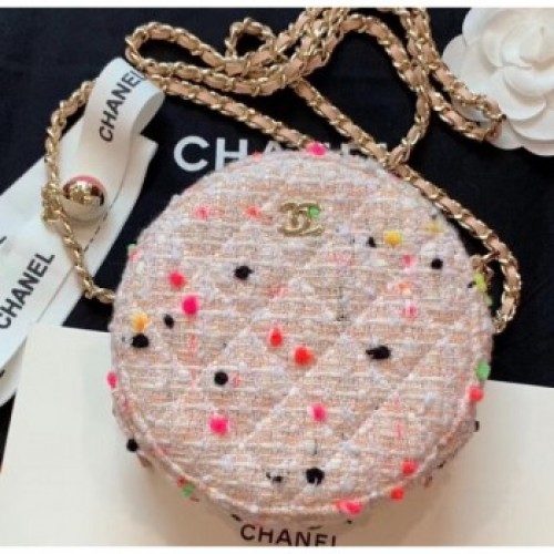 Chanel Tweed Classic Round Clutch with Chain Bag AP0366 Nude Pink 2019 AQ00932 Chanel Tweed Classic Round Clutch with Chain Bag AP0366 Nude Pink 2019 AQ00932