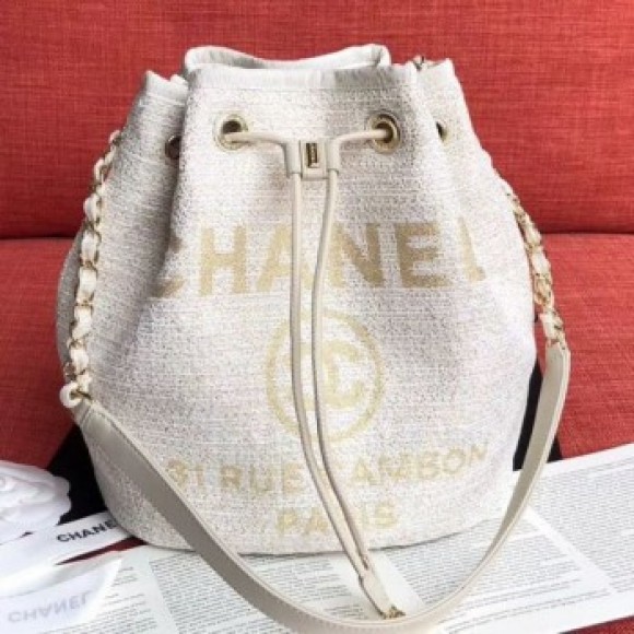 Chanel Fabric Logo Print Small Drawstring Bucket Bag White/Gold 2019 Collection AQ03103 Chanel Fabric Logo Print Small Drawstring Bucket Bag White/Gold 2019 Collection AQ03103