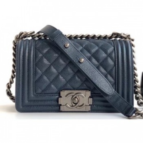 Chanel Caviar Leather Boy Flap Small Bag Navy Blue/Silver AQ02582 Chanel Caviar Leather Boy Flap Small Bag Navy Blue/Silver AQ02582