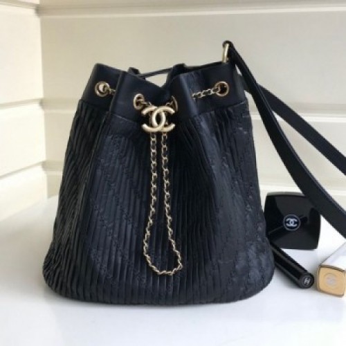 Chanel Chevron Pleated Bucket Bag Black 2019 Collection AQ04255 Chanel Chevron Pleated Bucket Bag Black 2019 Collection AQ04255