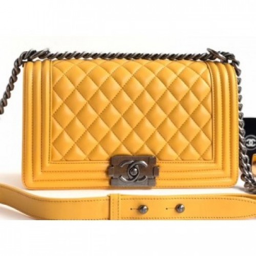 Chanel Lambskin Boy Flap Medium Bag Yellow/Silver AQ01122 Chanel Lambskin Boy Flap Medium Bag Yellow/Silver AQ01122