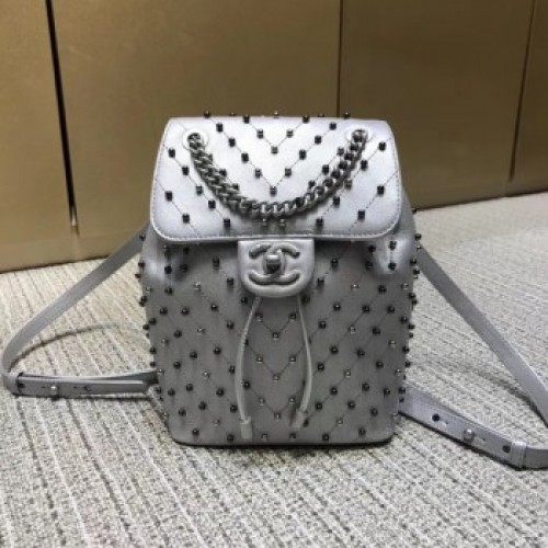 Chanel chevron studed backpack silver 2019 AQ03583