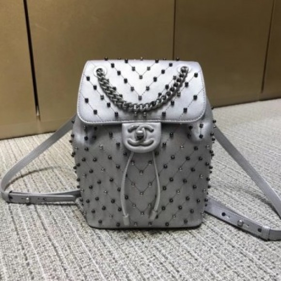 Chanel chevron studed backpack silver 2019 AQ03583 Chanel chevron studed backpack silver 2019 AQ03583