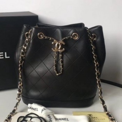 Chanel Quilted Leather Chain Drawstring Small Bucket Bag Black 2019 Collection AQ03678
