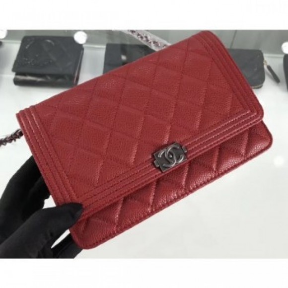 Chanel Grained Leather Boy Wallet On Chain WOC Bag A80287 Red/Silver AQ02365 Chanel Grained Leather Boy Wallet On Chain WOC Bag A80287 Red/Silver AQ02365
