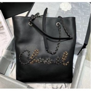 Chanel Calfskin &amp; Chain Logo Shopping Bag Black 2020 Collection AQ01605