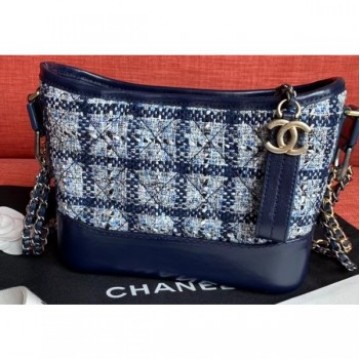Chanel Tweed/Calfskin Gabrielle Small Hobo Bag A91810 Grid Navy Blue AQ01560