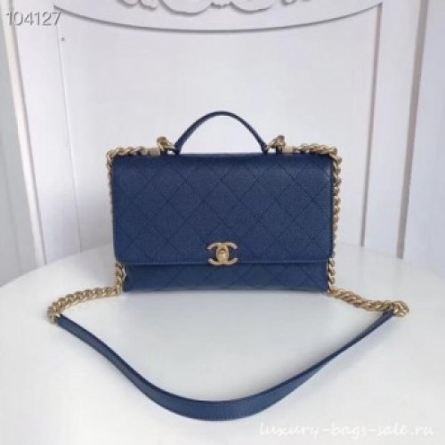 Chanel flap bag Grained Calfskin &amp; Gold-Tone Metal AS0305 blue AQ02918