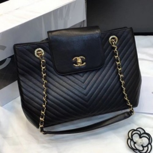 Chanel Chevron Calfskin Strap Shopping Bag Black 2019 Collection AQ04359 Chanel Chevron Calfskin Strap Shopping Bag Black 2019 Collection AQ04359