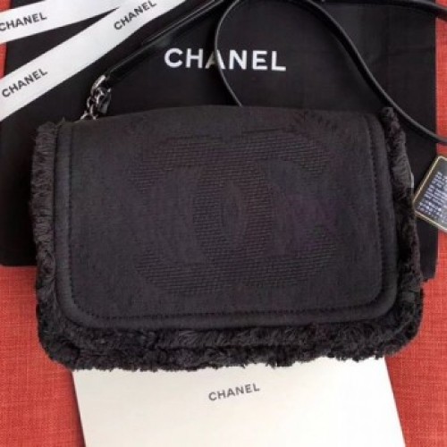 Chanel Fringe Trim Fabric CC Flap Bag Black 2019 Collection AQ03337