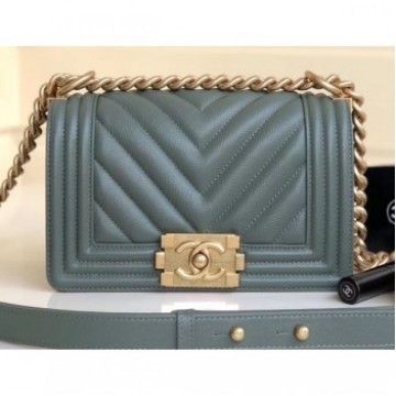 Chanel Caviar Leather Chevron Boy Flap Small Bag Gray Green/Gold AQ03227 Chanel Caviar Leather Chevron Boy Flap Small Bag Gray Green/Gold AQ03227
