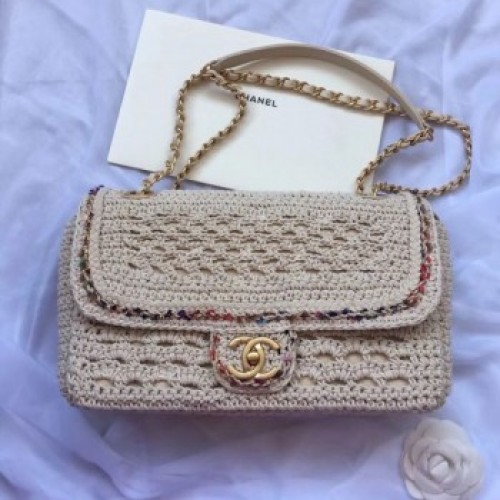 Chanel Crochet Colored Stripe Trim Medium Flap Bag White 2019 Collection AQ01417 Chanel Crochet Colored Stripe Trim Medium Flap Bag White 2019 Collection AQ01417