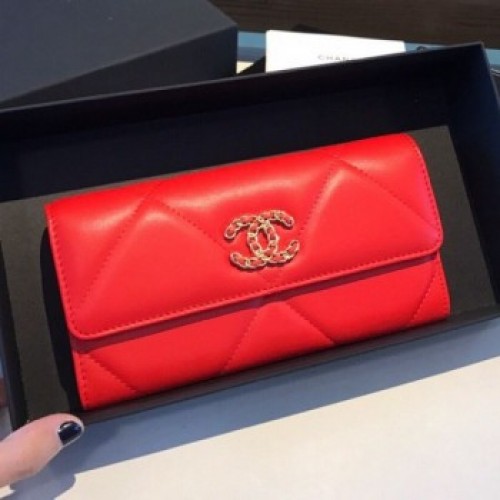 Chanel 19 Goatskin Long Flap Wallet AP0955 Bright Red 2019 Collection AQ01844