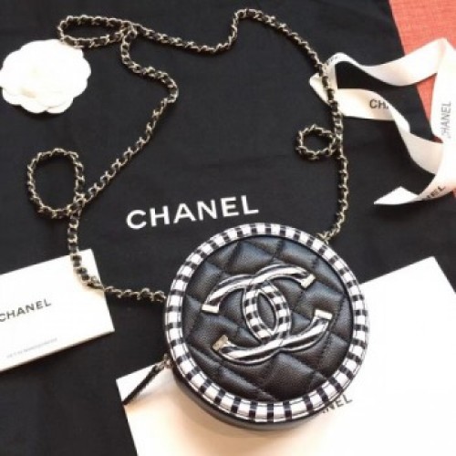 Chanel Striped Grained Calfskin CC Filigree Round Clutch With Chain Bag AP0365 Black 2019 AQ00510