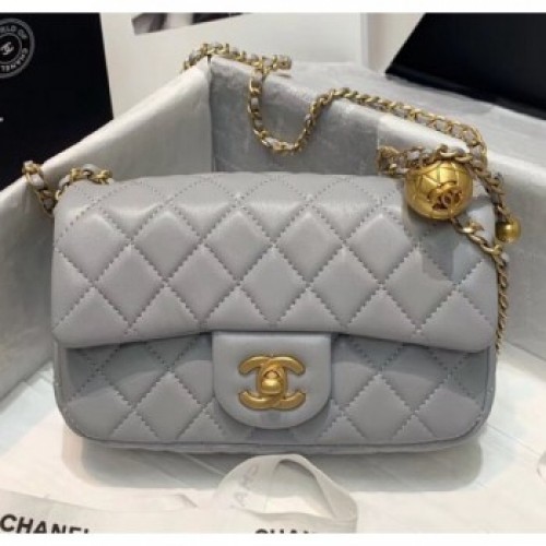 Chanel Lambskin &amp; Gold-Tone Metal Flap Bag AS1787 Grey 2020 Collection AQ03820